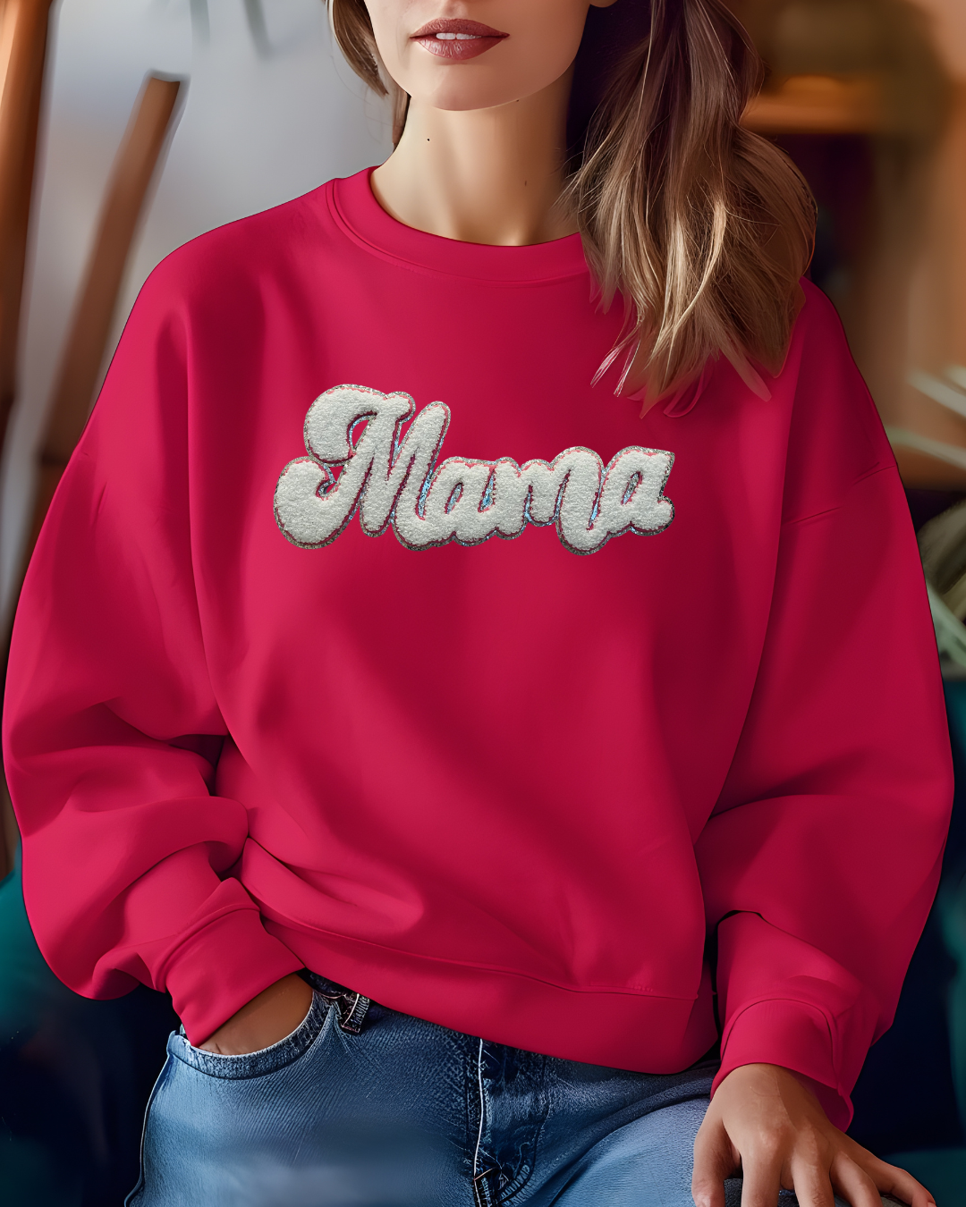 Mama Chenille Sweatshirt (Light Pink and Silver)