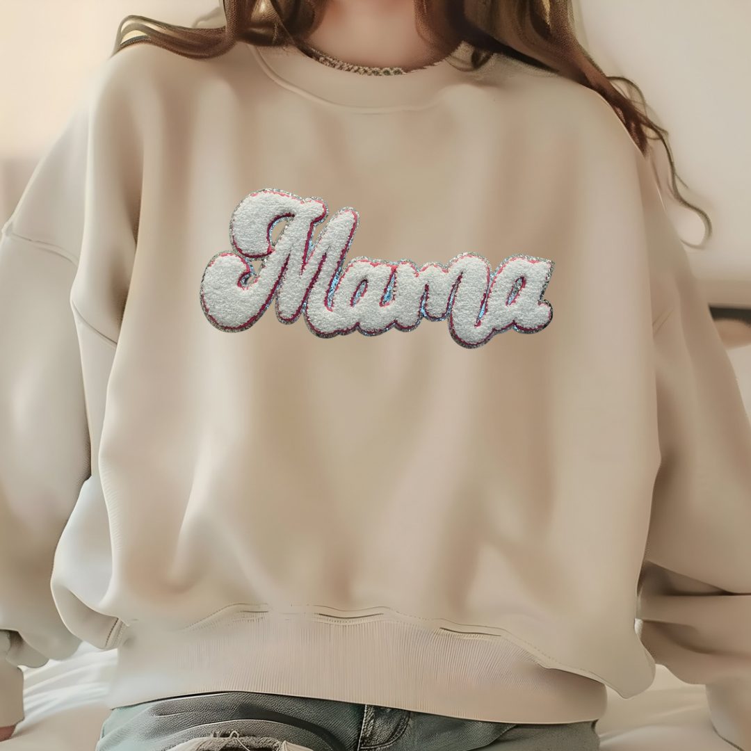 Mama Chenille Sweatshirt (Light Pink and Silver)